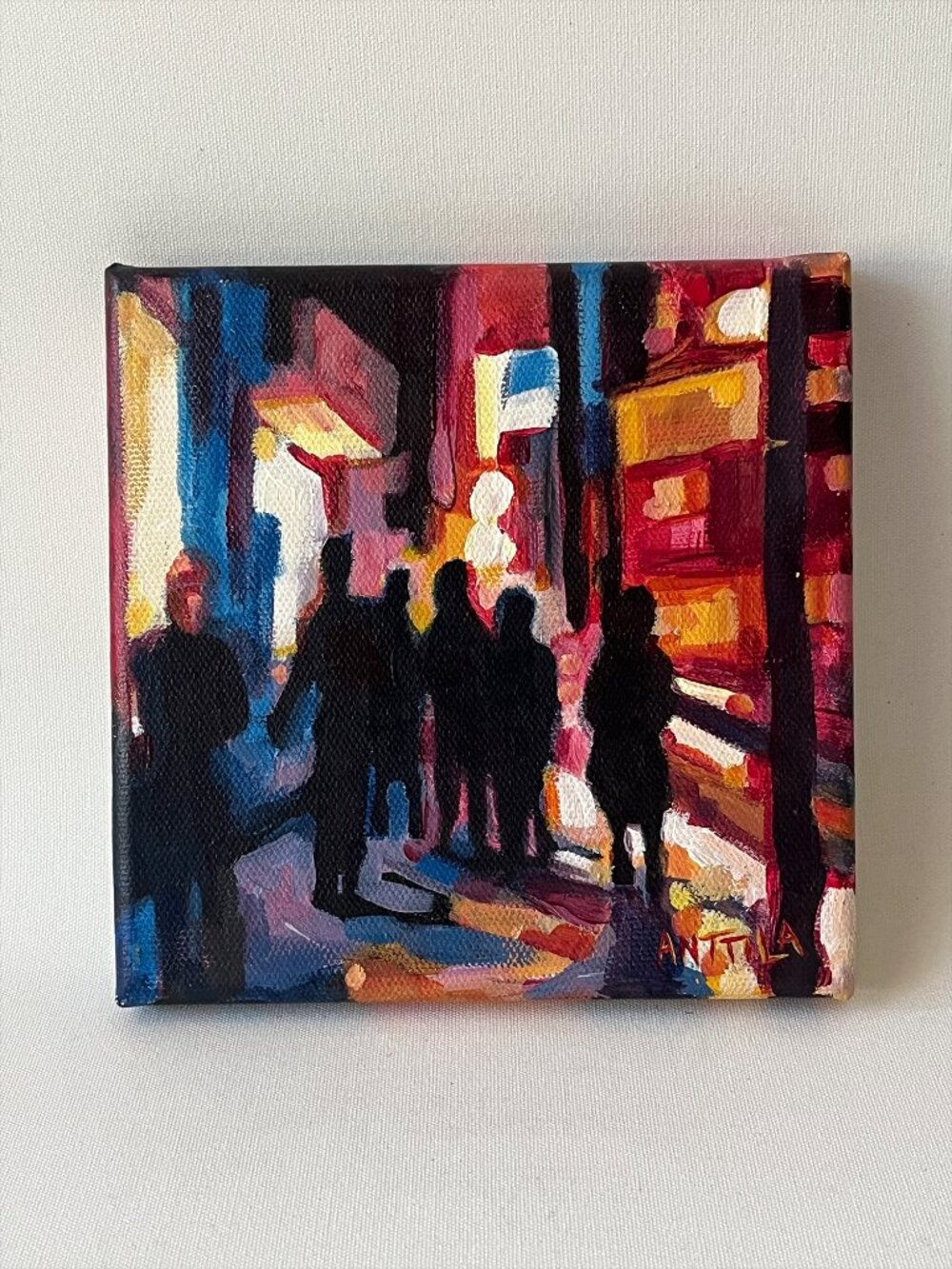 Lisa Anttila Original Oil Painting Urban Scene Figures at Night Signed 6" Mini